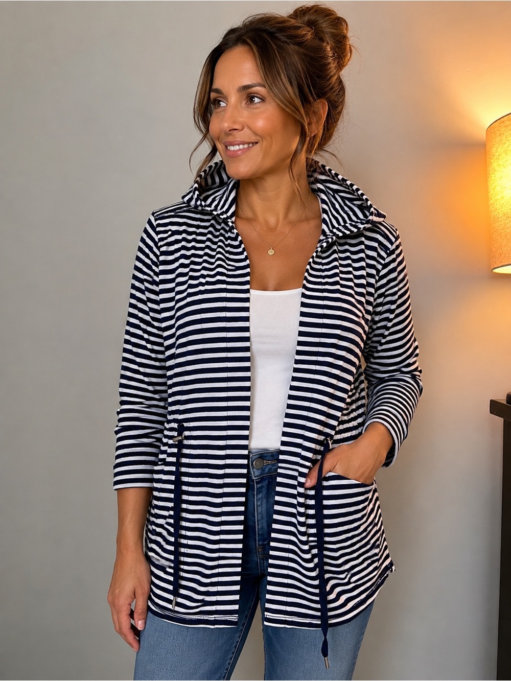 Liz Claiborne XL Navy and White Striped Hooded Coverup Jacket